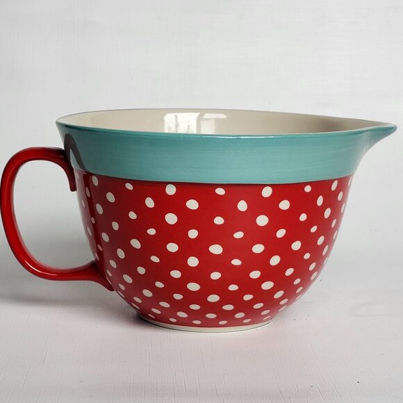 Pioneer Woman Batter Mixing Bowl Turquoise/Red Polka Dot Stoneware 2.83 QT Spout - Picture 1 of 7